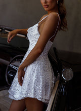 A-Line Square Neckline Sleeveless Short/Mini Sequined Homecoming Dresses-Ballbella