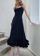 A-Line Square Neckline Sleeveless Tea-Length Elastic Satin Homecoming Dresses-Ballbella