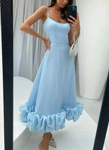 A-Line Square Neckline Sleeveless Tea-Length Elastic Satin Homecoming Dresses-Ballbella