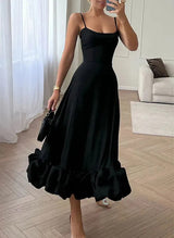 A-Line Square Neckline Sleeveless Tea-Length Elastic Satin Homecoming Dresses-Ballbella