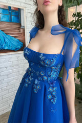 A-line Square Tea-length Sleeveless Open Back Appliques Lace Cute Prom Dress-Ballbella