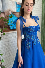A-line Square Tea-length Sleeveless Open Back Appliques Lace Cute Prom Dress-Ballbella