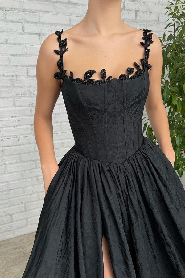 A-line Strapless Applique Off-the-shoulder Floor-length High Split Prom Dress-Ballbella