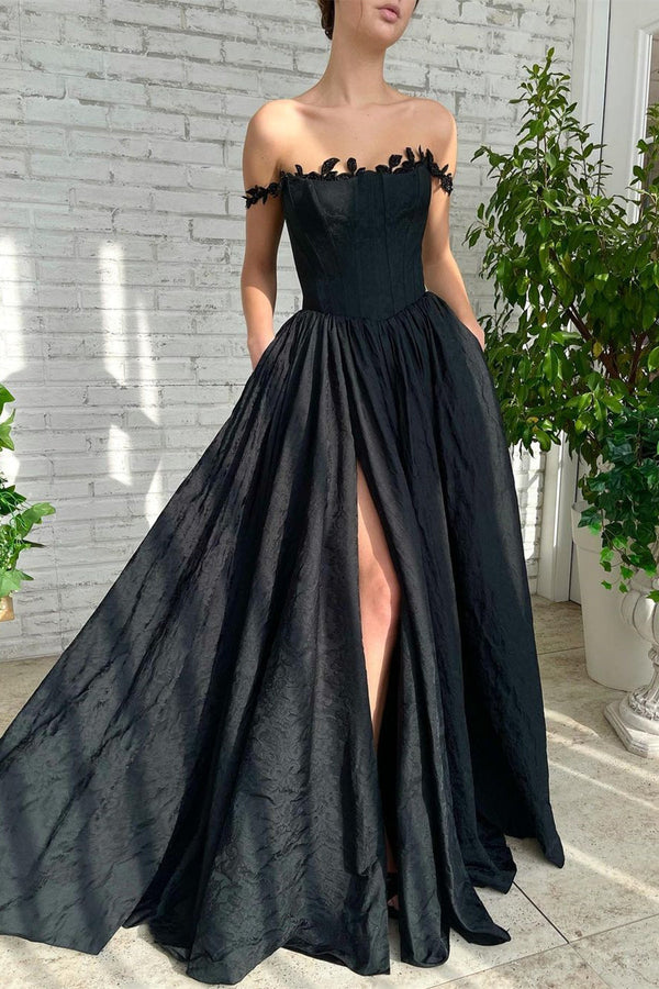 A-line Strapless Applique Off-the-shoulder Floor-length High Split Prom Dress-Ballbella