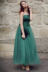 A-line Strapless Floor Length Tulle Bows Backless Prom Dress-Ballbella