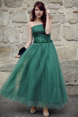 A-line Strapless Floor Length Tulle Bows Backless Prom Dress-Ballbella