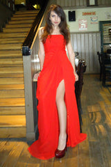A-line Strapless Front Slit Floor Length Chiffon Evening Dress-Ballbella