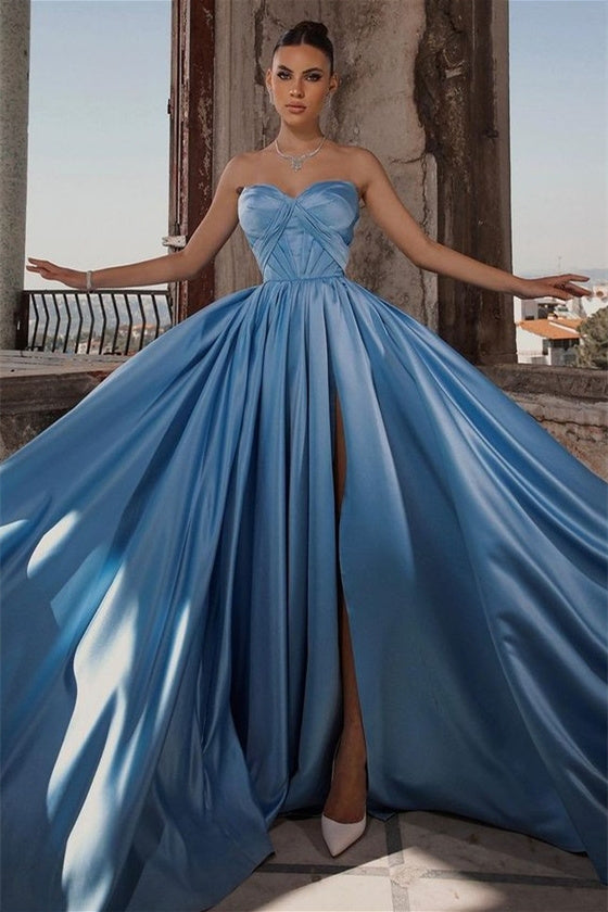 A-line Strapless High Split Floor-length Sleeveless Backless Prom Dress-Ballbella