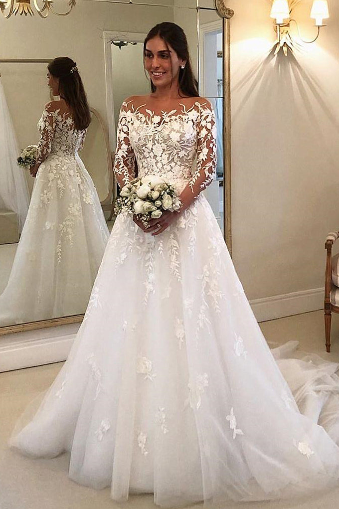 A-line Strapless Long Sleeves Court Train Tulle Applique Wedding Dress-Ballbella
