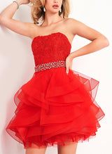 A-Line Strapless Short/Mini Lace/Tulle Homecoming Dresses With Rhinestone-Ballbella