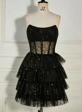 A-Line Strapless Sleeveless Short/Mini Sequined Homecoming Dresses-Ballbella