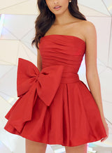 A-Line Strapless Sleeveless Short/Mini Taffeta Homecoming Dresses With Bow(s)-Ballbella