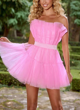 A-Line Strapless Sleeveless Short/Mini Tulle Homecoming Dresses With Cascading Ruffles-Ballbella