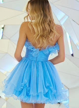 A-Line Strapless Sleeveless Tulle Homecoming Dresses With Cascading Ruffles-Ballbella