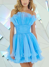 A-Line Strapless Sleeveless Tulle Homecoming Dresses With Cascading Ruffles-Ballbella