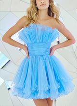 A-Line Strapless Sleeveless Tulle Homecoming Dresses With Cascading Ruffles-Ballbella