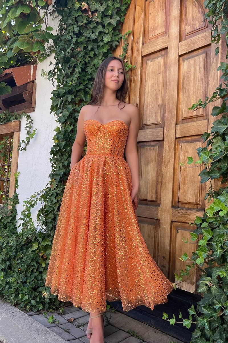 A-line Strapless Sweetheart Sequined Ankle Length Sleeveless Elegant Homecoming Dress A-line Strapless Sweetheart Sequined Ankle Length Sleeveless Elegant Homecoming Dress