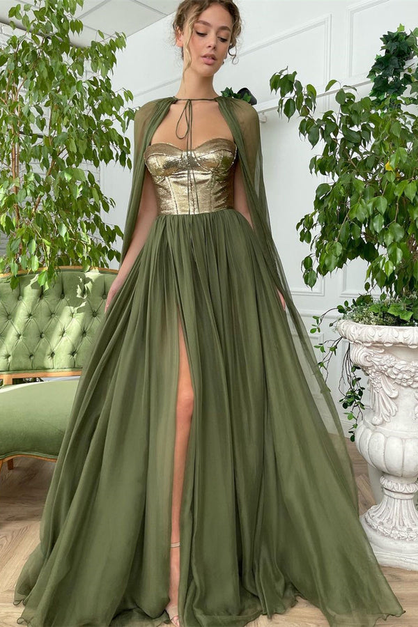 A-line Strapless Sweetheart Tulle Sequined Floor-length Sleeveless High Split Prom Dress-Ballbella