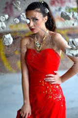 A-line Sweetheart Floor Length Chapel Chiffon Rhinestone Prom Dress-Ballbella