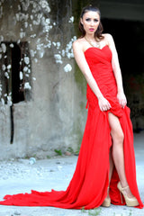 A-line Sweetheart Floor Length Chapel Chiffon Rhinestone Prom Dress-Ballbella