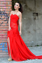 A-line Sweetheart Floor Length Chapel Chiffon Rhinestone Prom Dress-Ballbella