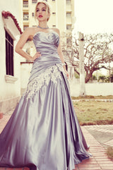 A-line Sweetheart Floor Length Charmuse Applique Lace Evening Dress-Ballbella