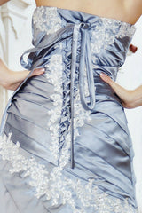 A-line Sweetheart Floor Length Charmuse Applique Lace Evening Dress-Ballbella