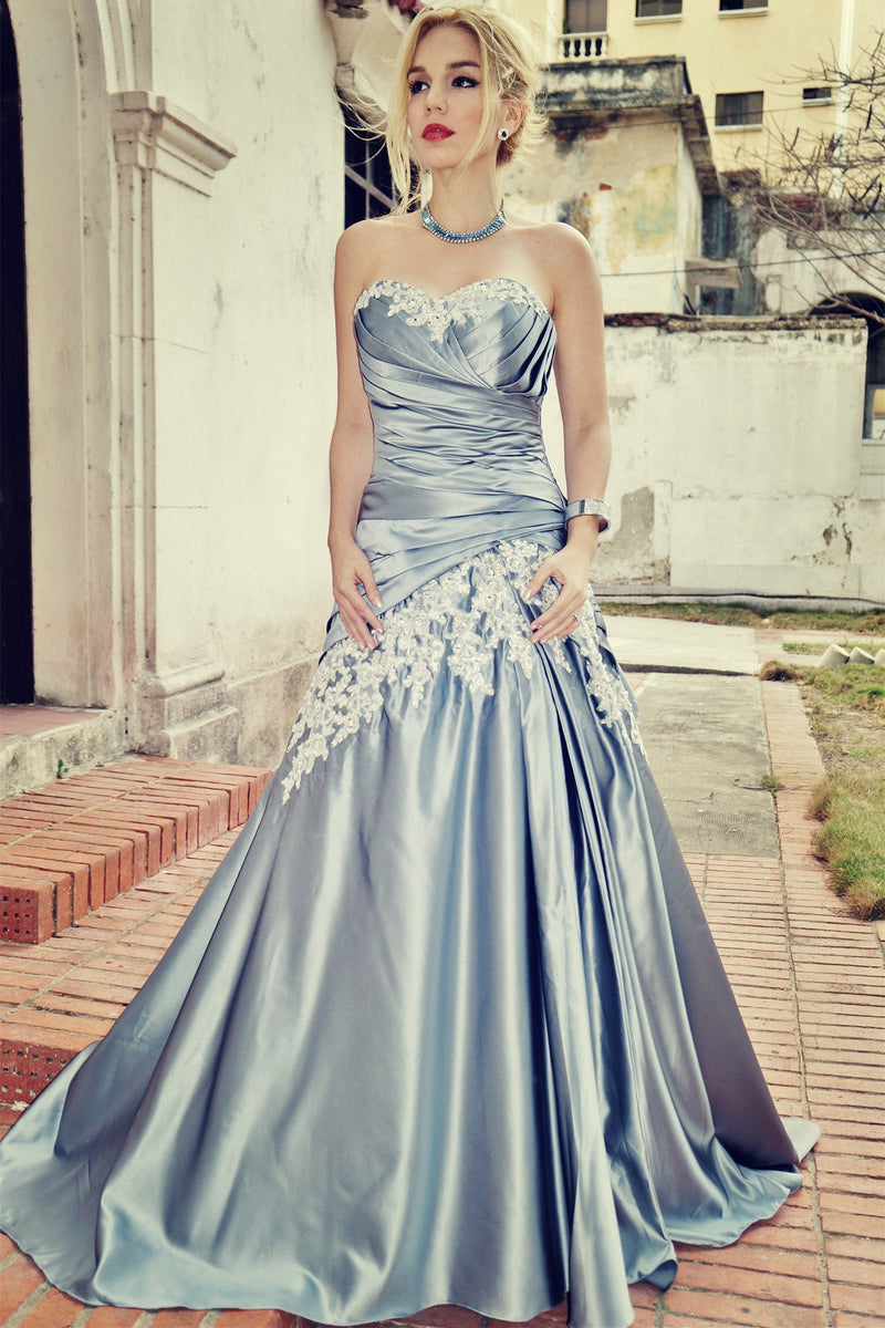 A-line Sweetheart Floor Length Charmuse Applique Lace Evening Dress-Ballbella