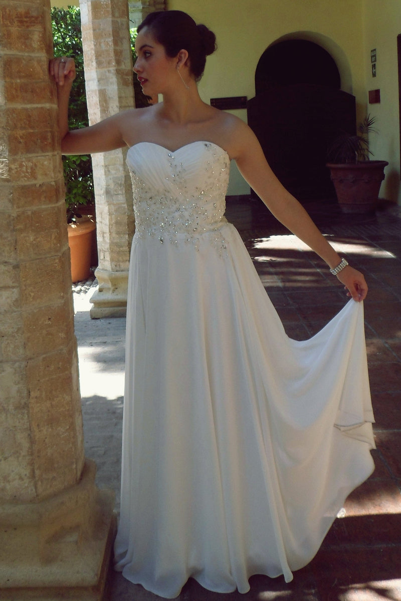 A-line Sweetheart Floor Length Chiffon Beaded Wedding Dress-Ballbella