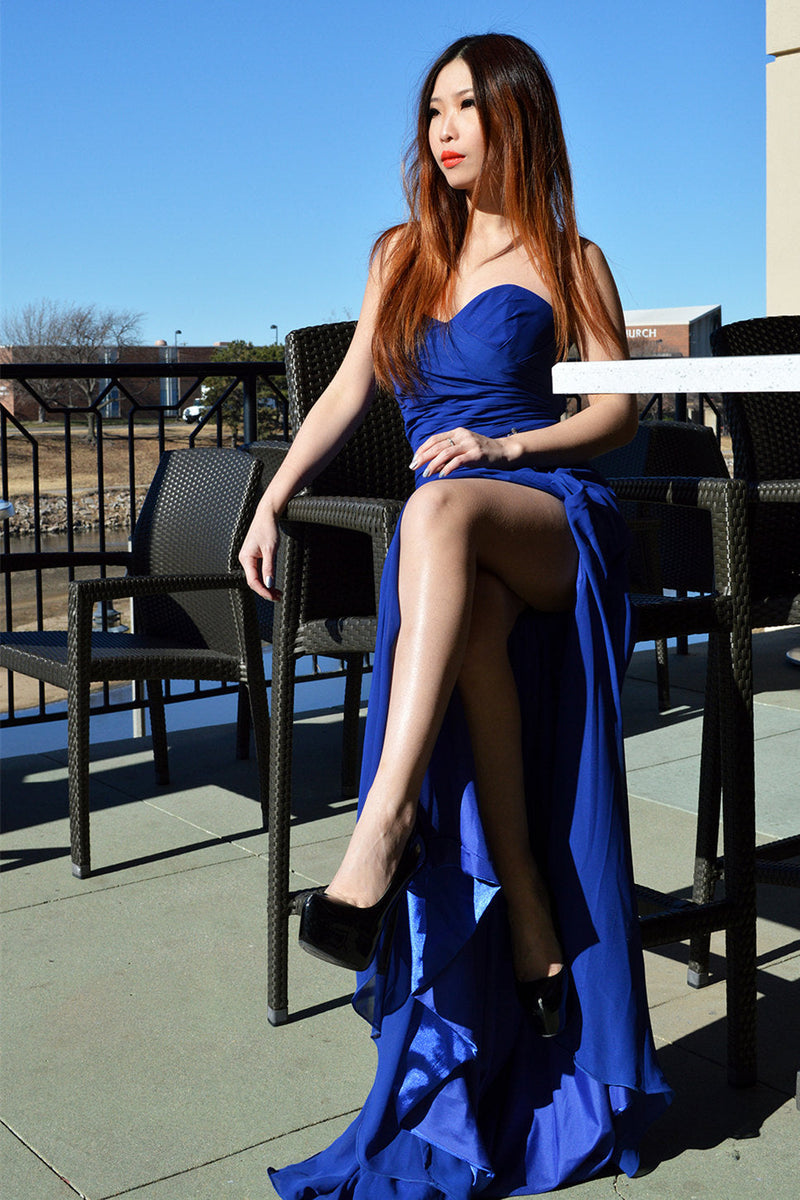A-line Sweetheart Floor Length Chiffon Front Slit Rhinestone Prom Dress-Ballbella