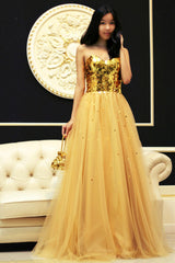A-line Sweetheart Floor Length Tulle Paillette Prom Dress-Ballbella