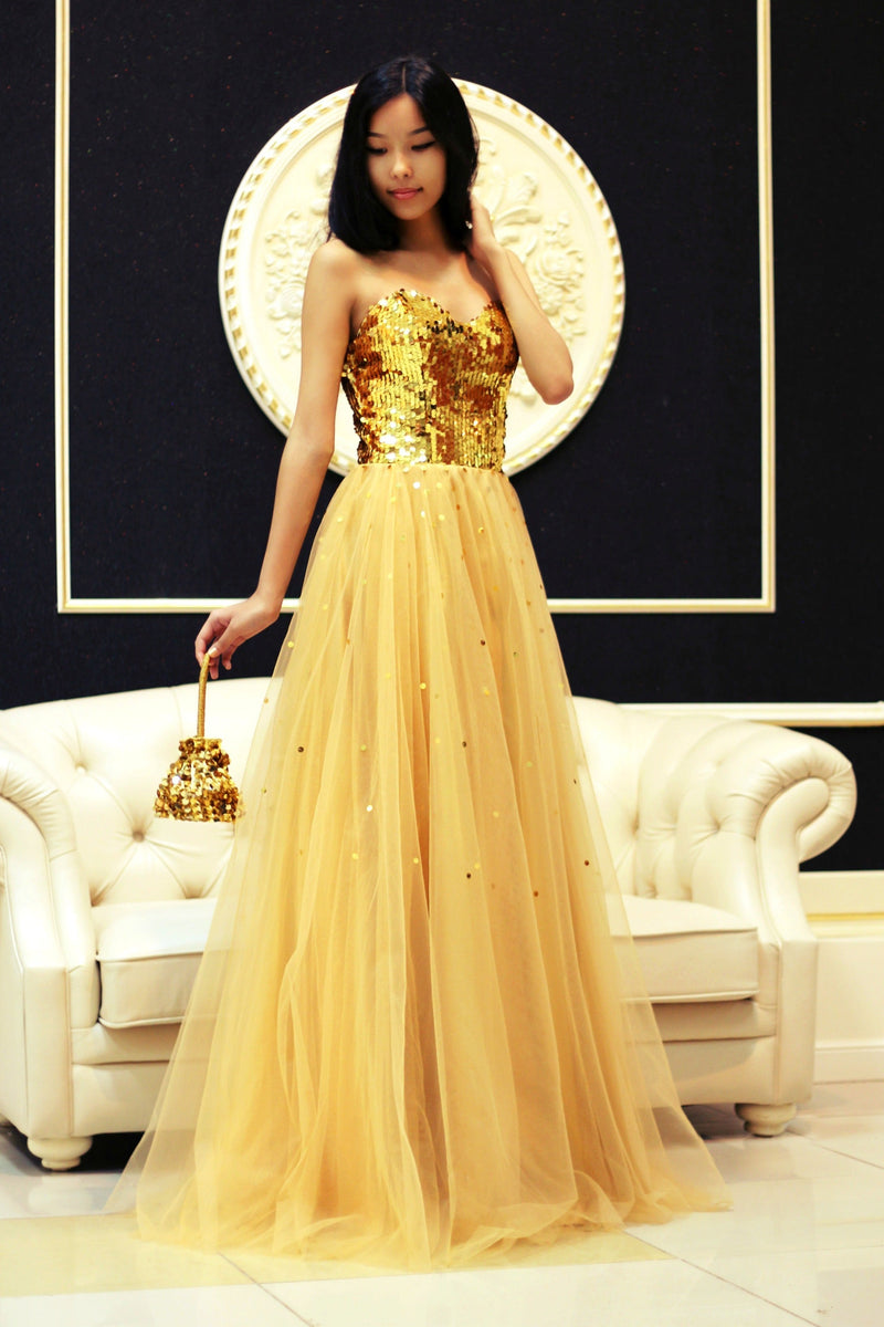 A-line Sweetheart Floor Length Tulle Paillette Prom Dress-Ballbella