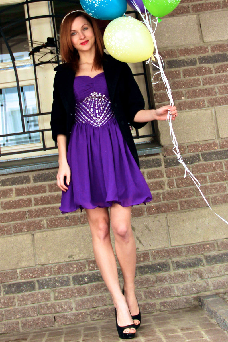 A-line Sweetheart Knee Length Chiffon Rhinestone Prom Dress-Ballbella