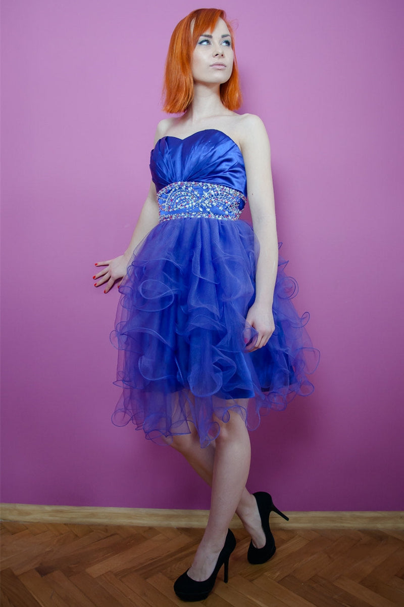 A-line Sweetheart Knee Length Tulle Beaded Backless Homecoming Dress-Ballbella