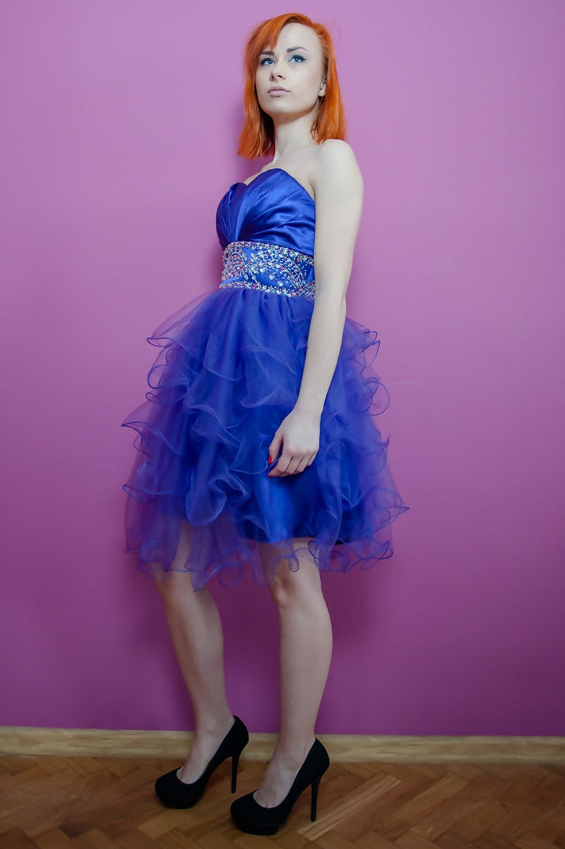 A-line Sweetheart Knee Length Tulle Beaded Backless Homecoming Dress-Ballbella