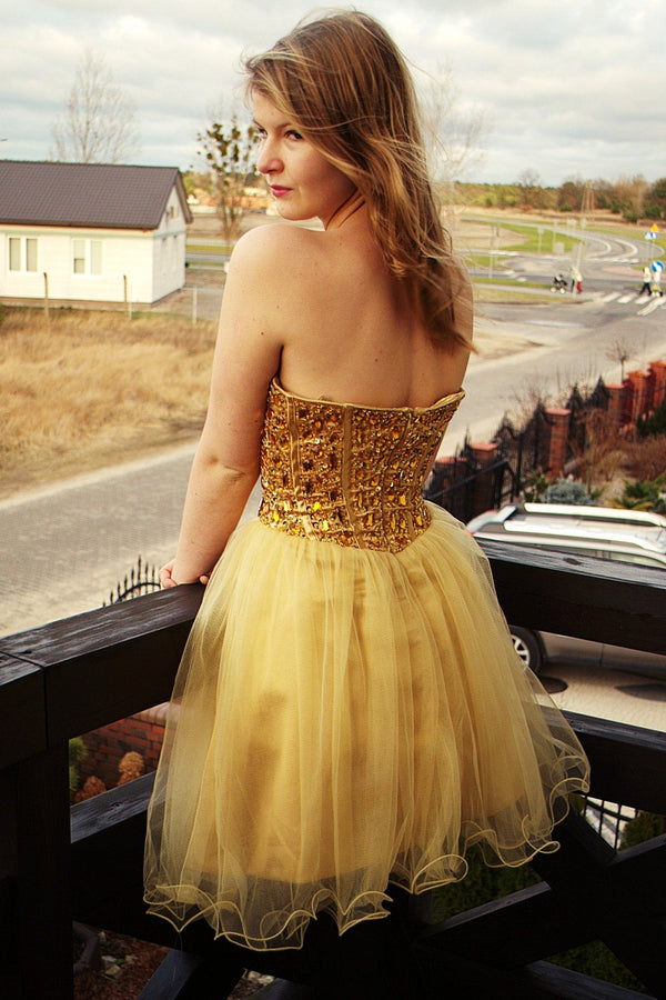 A-line Sweetheart Knee Length Tulle Rhinestone Homecoming Dress-Ballbella