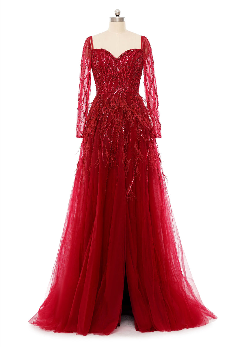 A-Line Sweetheart Sequined Tulle Floor-length Long Sleeve Open Back Beading Elegant Prom Dress-Ballbella