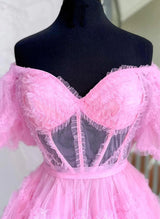 A-Line Sweetheart Short Sleeves Short/Mini Tulle Homecoming Dresses-Ballbella