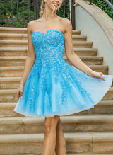 A-Line Sweetheart Sleeveless Short/Mini Lace Homecoming Dresses-Ballbella