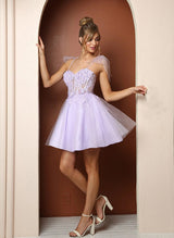A-Line Sweetheart Sleeveless Short/Mini Tulle Homecoming Dresses With Appliques Lace-Ballbella