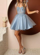 A-Line Sweetheart Sleeveless Short/Mini Tulle Homecoming Dresses With Appliques Lace-Ballbella