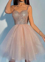 A-Line Sweetheart Sleeveless Short/Mini Tulle/Sequined Homecoming Dresses-Ballbella