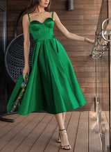 A-Line Sweetheart Sleeveless Tea-Length Satin Homecoming Dresses-Ballbella
