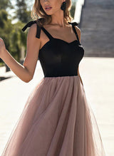 A-Line Sweetheart Sleeveless Tea-Length Satin/Tulle Homecoming Dresses-Ballbella