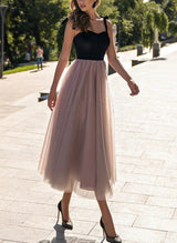 A-Line Sweetheart Sleeveless Tea-Length Satin/Tulle Homecoming Dresses-Ballbella