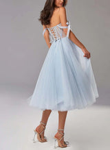 A-Line Sweetheart Sleeveless Tea-Length Tulle Homecoming Dresses-Ballbella