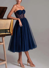 A-Line Sweetheart Sleeveless Tea-Length Tulle Homecoming Dresses-Ballbella