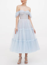 A-Line Sweetheart Sleeveless Tea-Length Tulle Homecoming Dresses-Ballbella