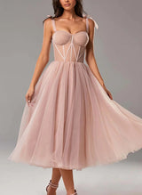 A-Line Sweetheart Sleeveless Tea-Length Tulle Homecoming Dresses-Ballbella