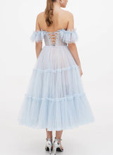A-Line Sweetheart Sleeveless Tea-Length Tulle Homecoming Dresses-Ballbella